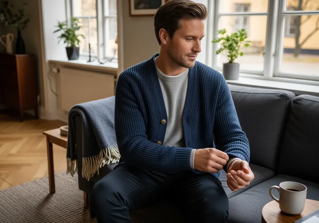 Grovstickad kofta i marin och grå