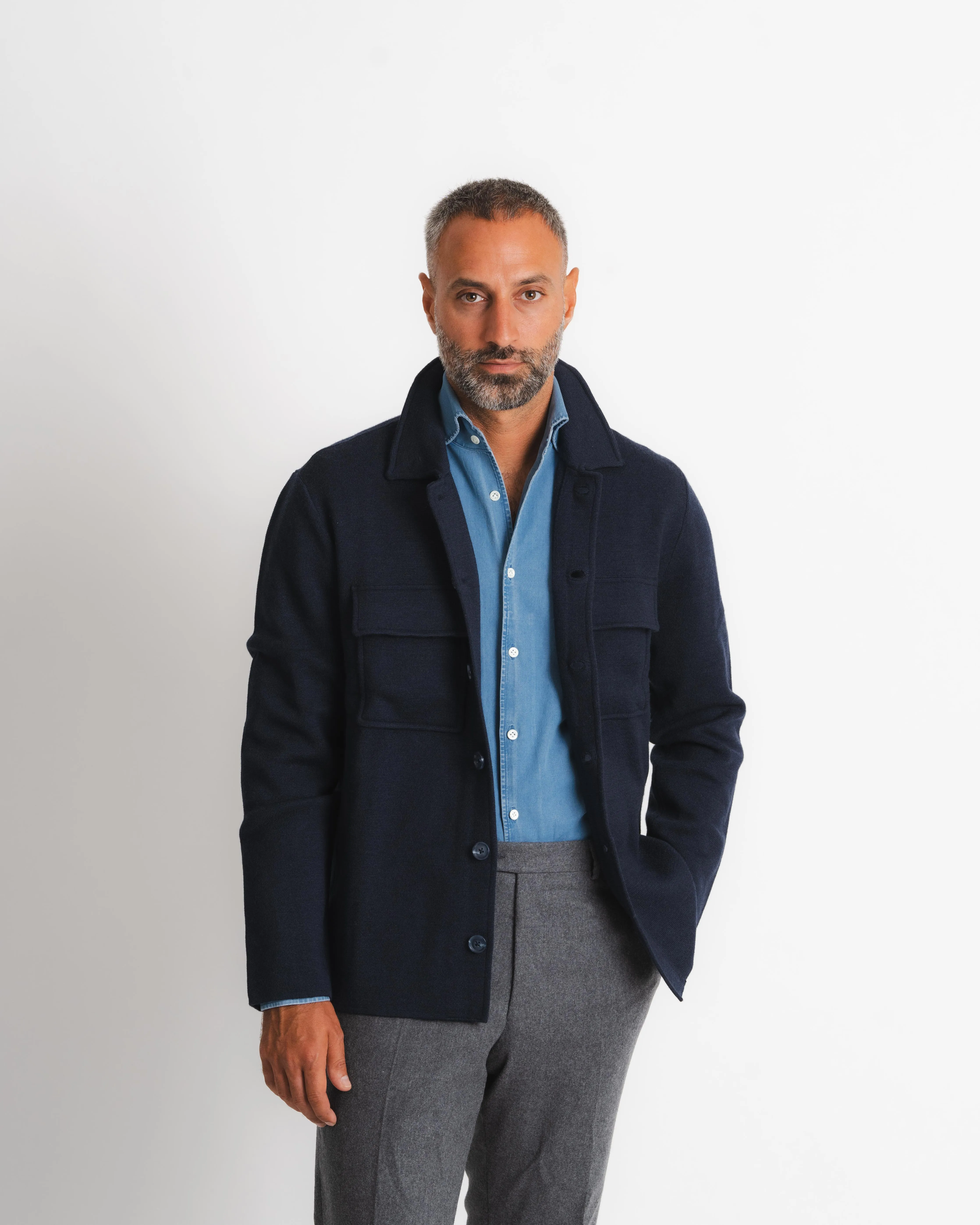 Knitted Shirt Jacket - Navy