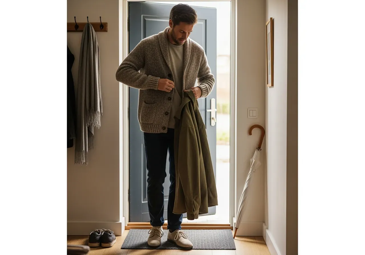 Skjortkofta grön och taupe proportioner