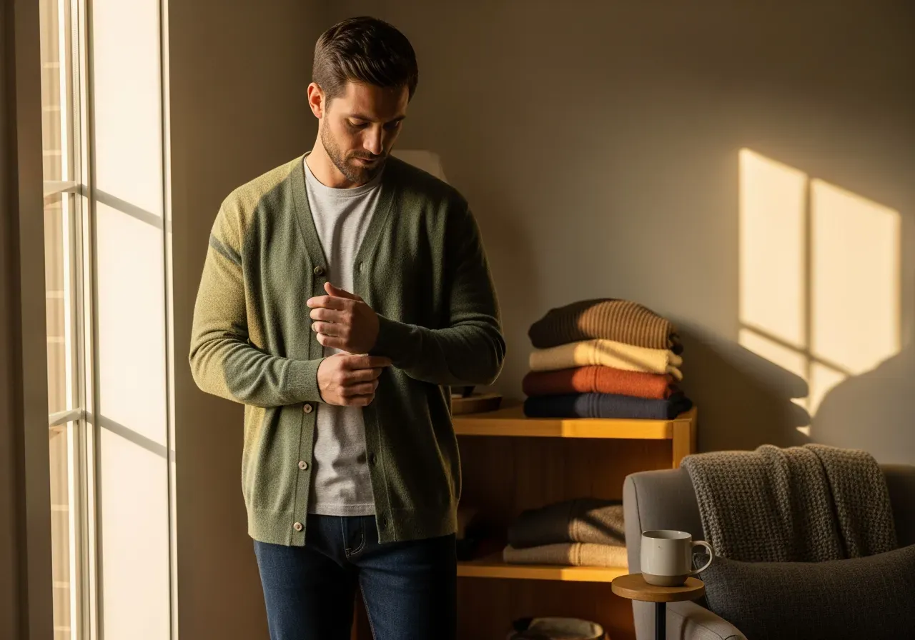 Materialguide brun halvdragkedja och taupe rundhals